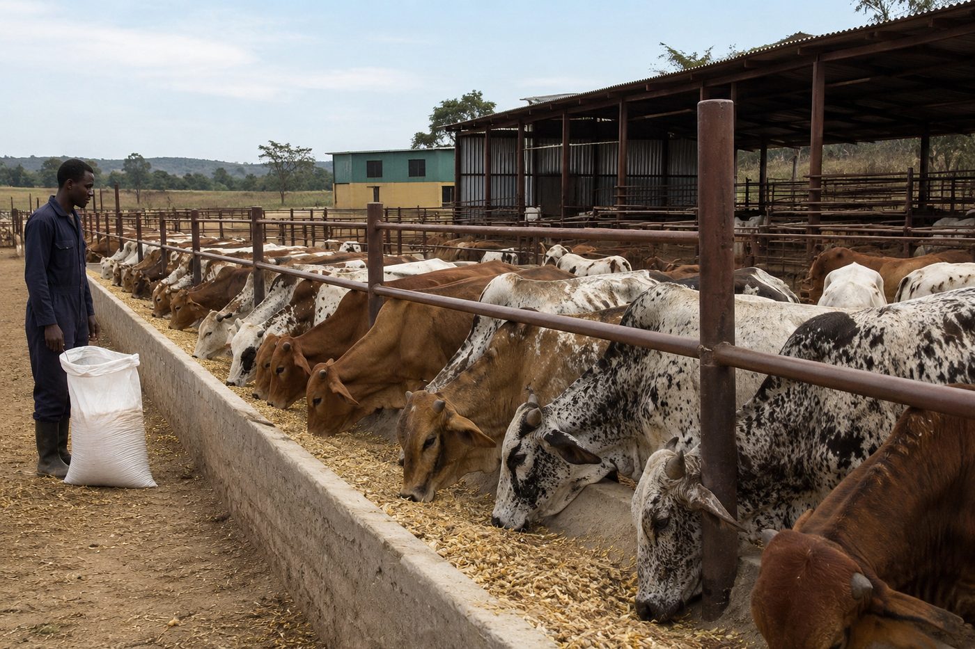 Cattle feeding at the trough in the fattening yard